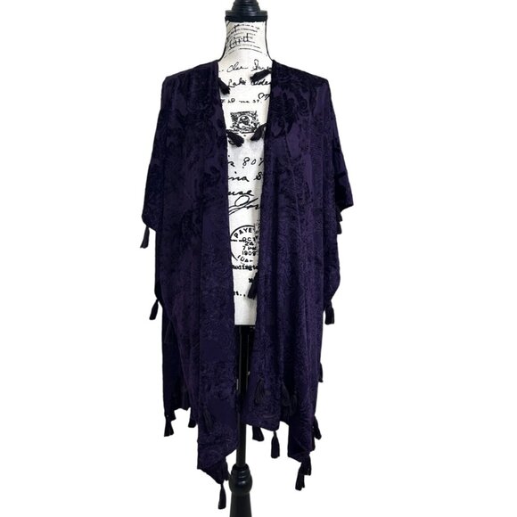 Kimono Swim Cover Up Tassel Burnout Velvet Purple - Picture 1 of 6
